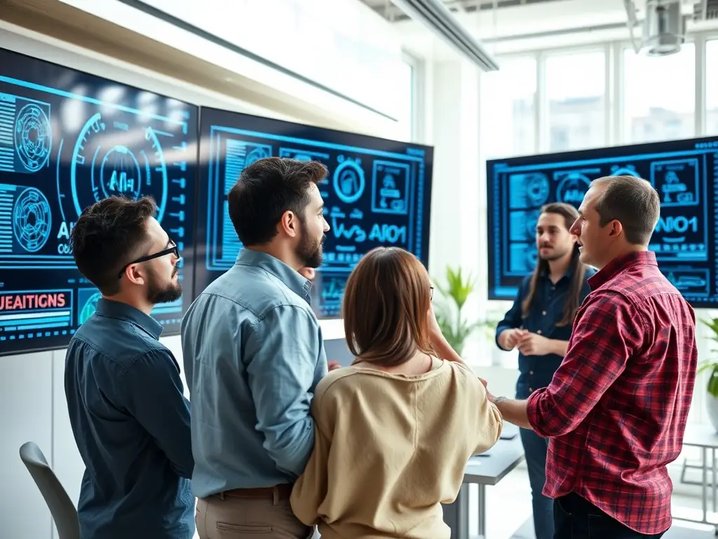 A professional workspace showcasing developers collaborating on chatbot code, highlighting the AI chatbot development service offered by AskBotX.