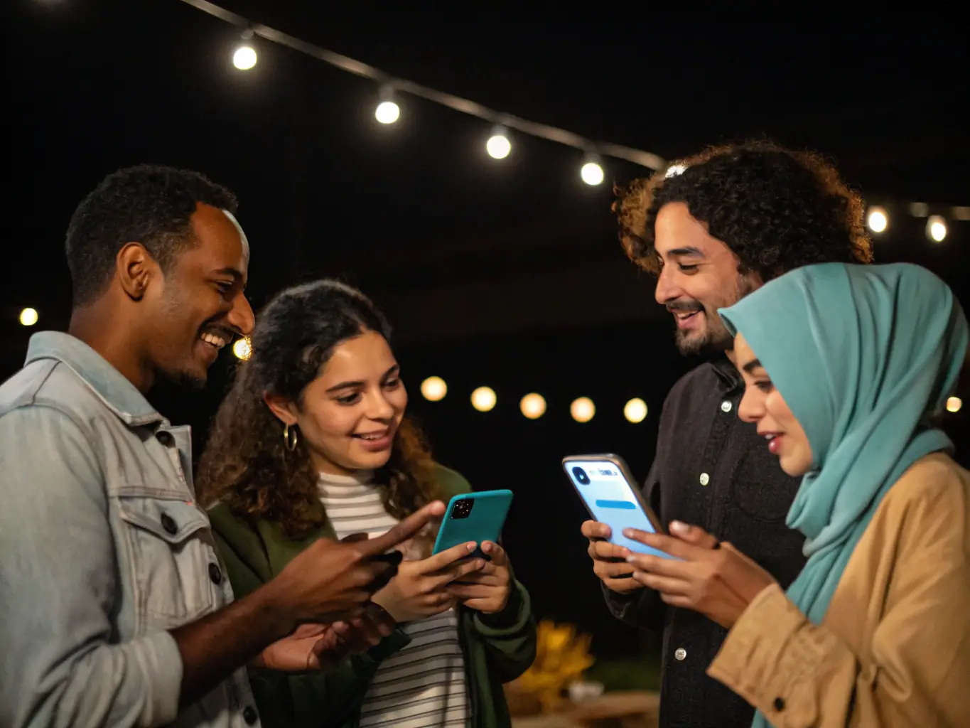 A diverse group of people from different cultural backgrounds interacting with a multilingual chatbot interface, representing the multi-language support service offered by AskBotX.